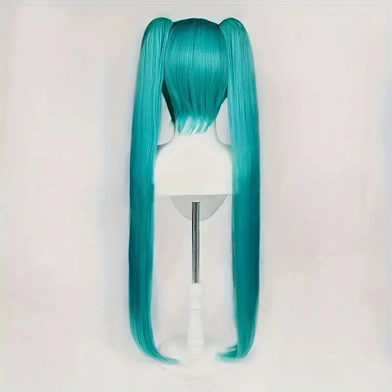 Green Blue Cosplay Wig Long Straight With Bangs Double Ponytail