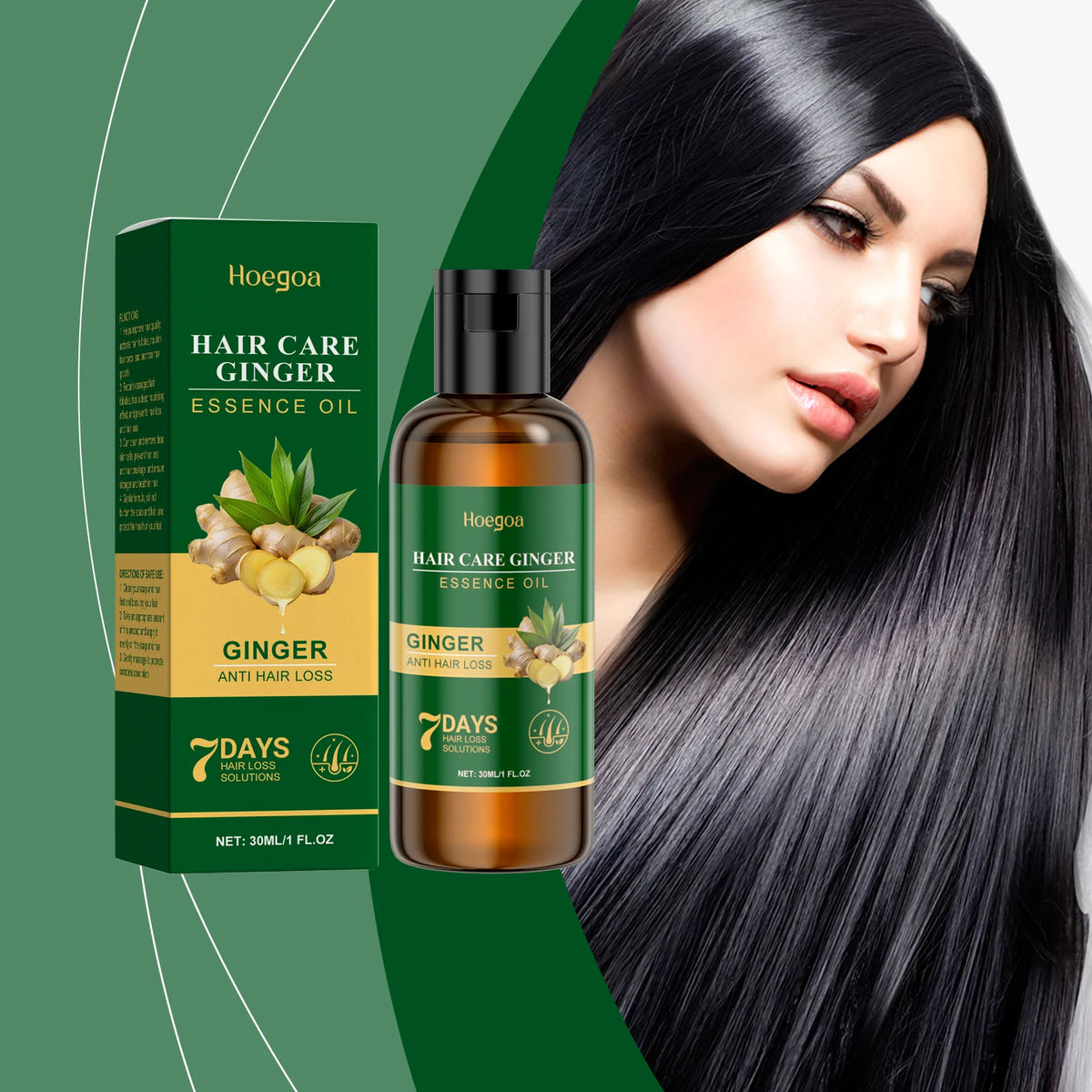 Ginger hair oil with hair care and ingredient graphics