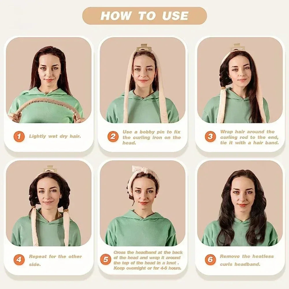 Heatless curling ribbon with styling examples and use information