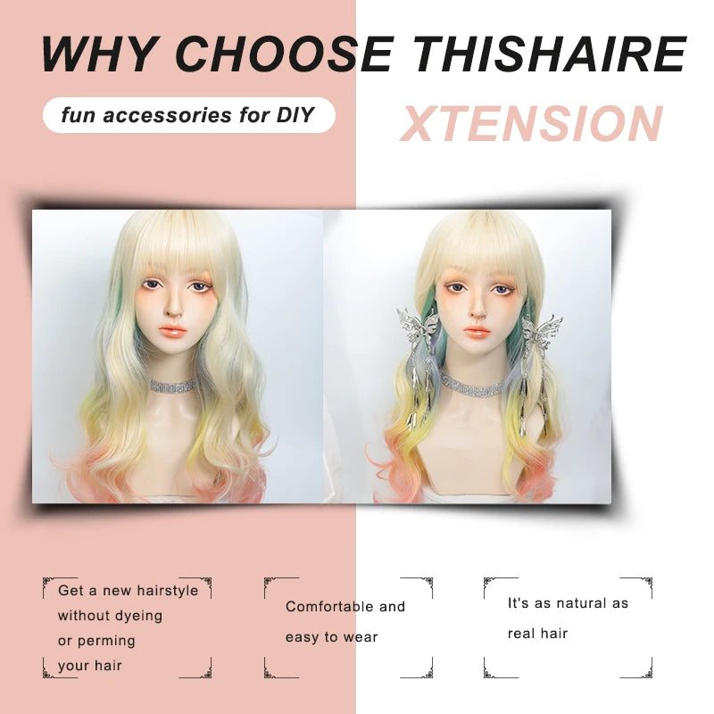 Long pastel wavy wig with styling and product details