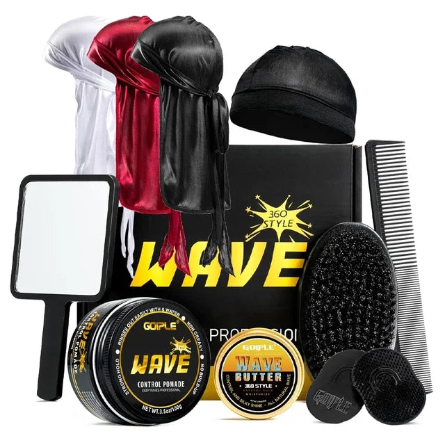 Wave styling kit with pomade, brushes, caps and accessories