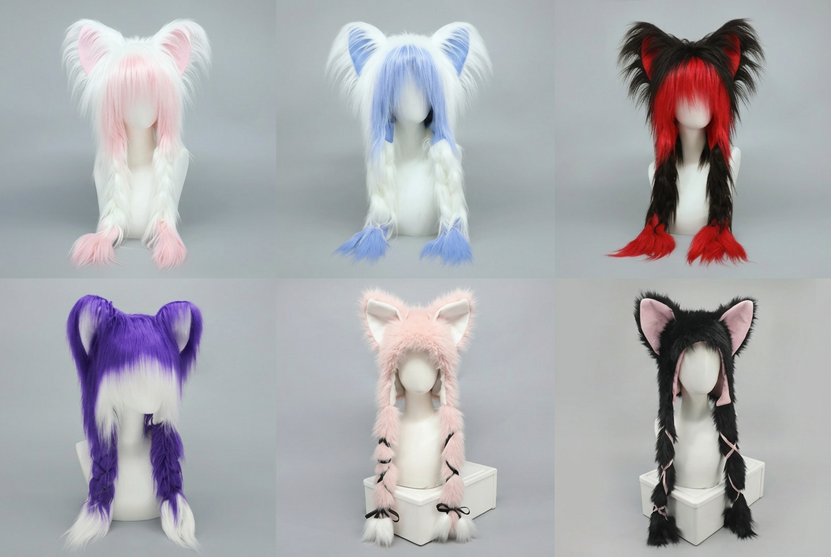 Y2K Cat Ear Plush Hat - Cute Braid Cosplay Cap- 9 Colors