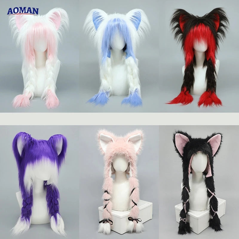 Y2K Cat Ear Plush Hat - Cute Braid Cosplay Cap- 9 Colors