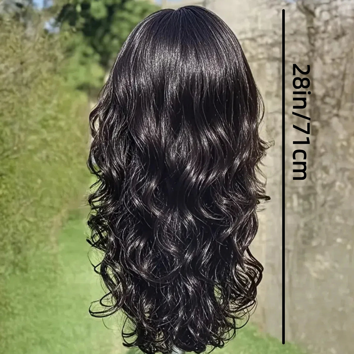 Long wavy dark wig with hairstyle and length details