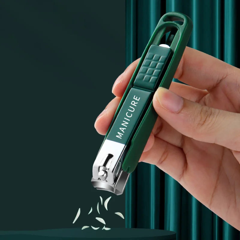 Manicure tools in a green case with nail clipper detail views