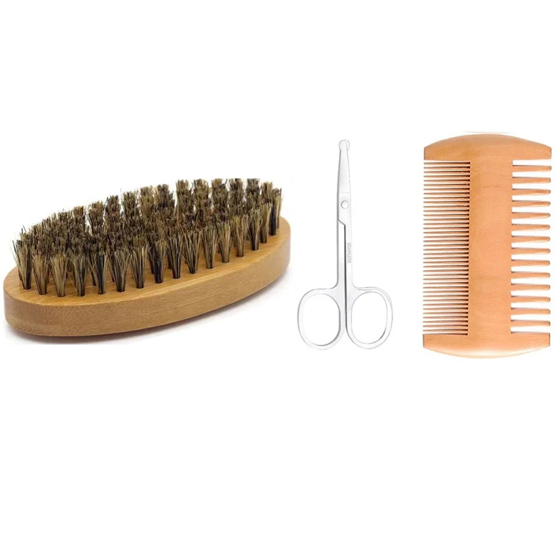 Wooden beard brush with grooming accessories