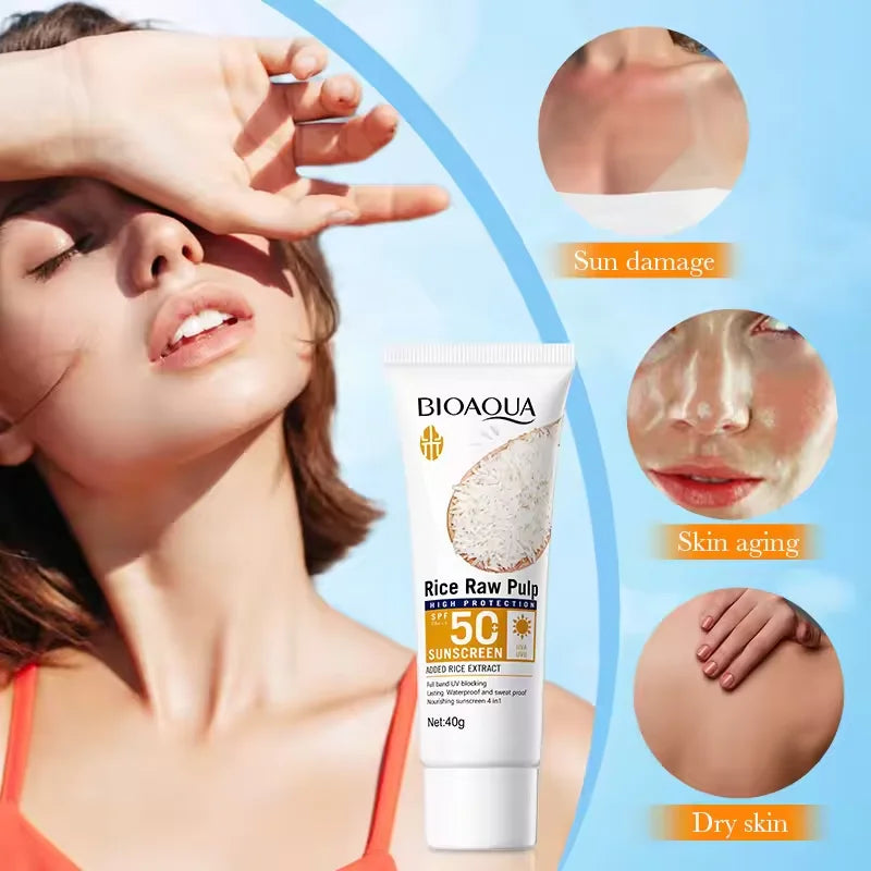 Sunscreen tube with skin application and promotional comparison images