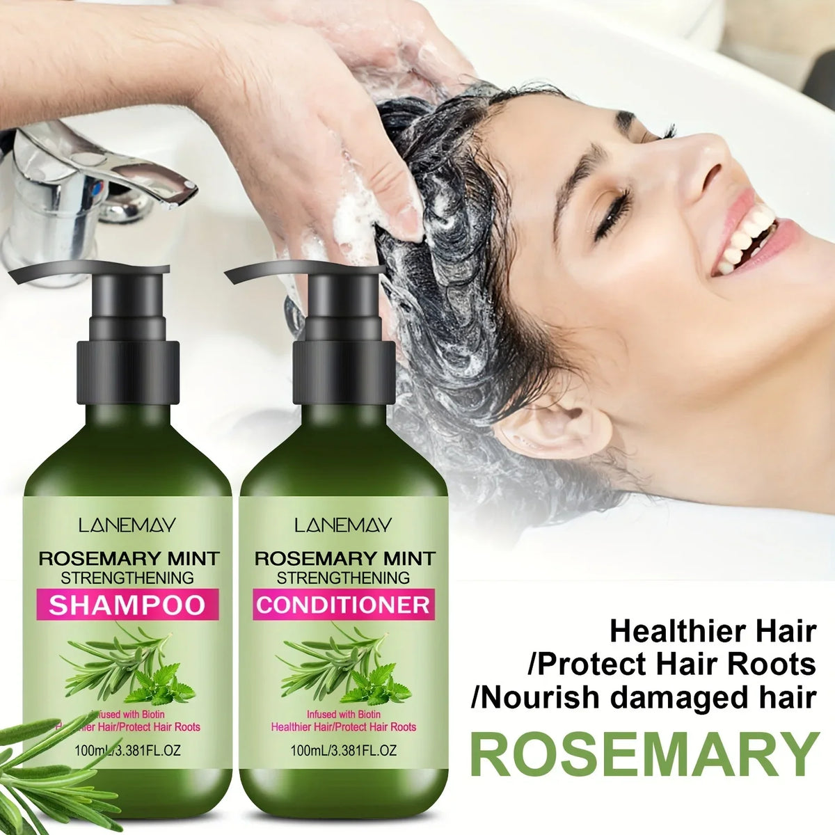 Rosemary mint shampoo and conditioner with hair washing and ingredient illustrations