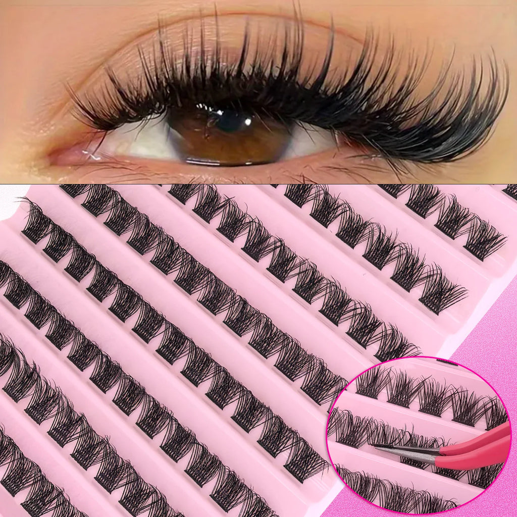 False eyelash clusters in trays with lash application examples