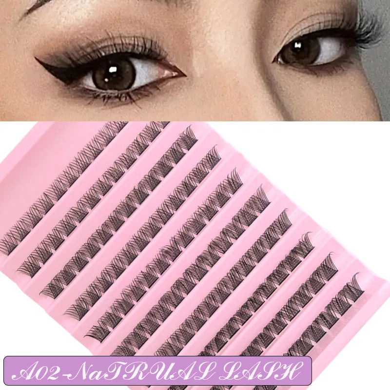 False eyelash clusters in trays with lash application examples