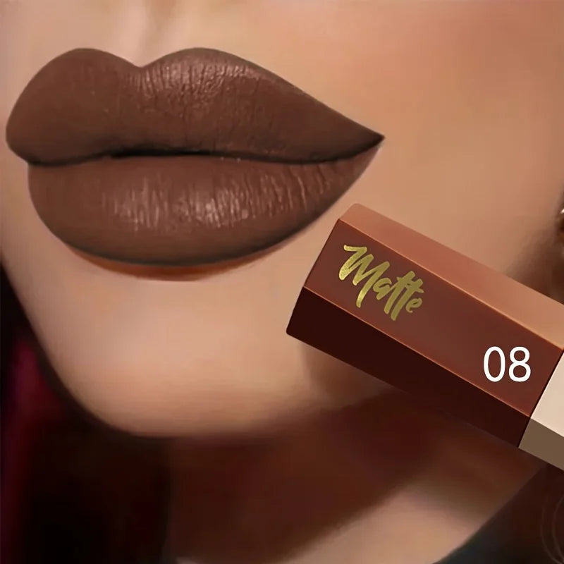 Liquid lipstick shade shown on lips beside its numbered tube