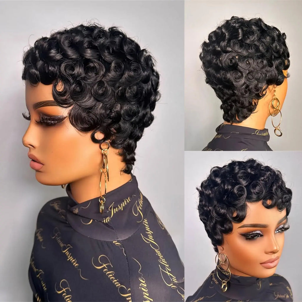 Short curly wig shown from different angles