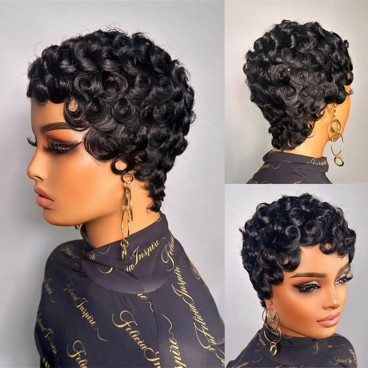 Short curly wig shown from different angles