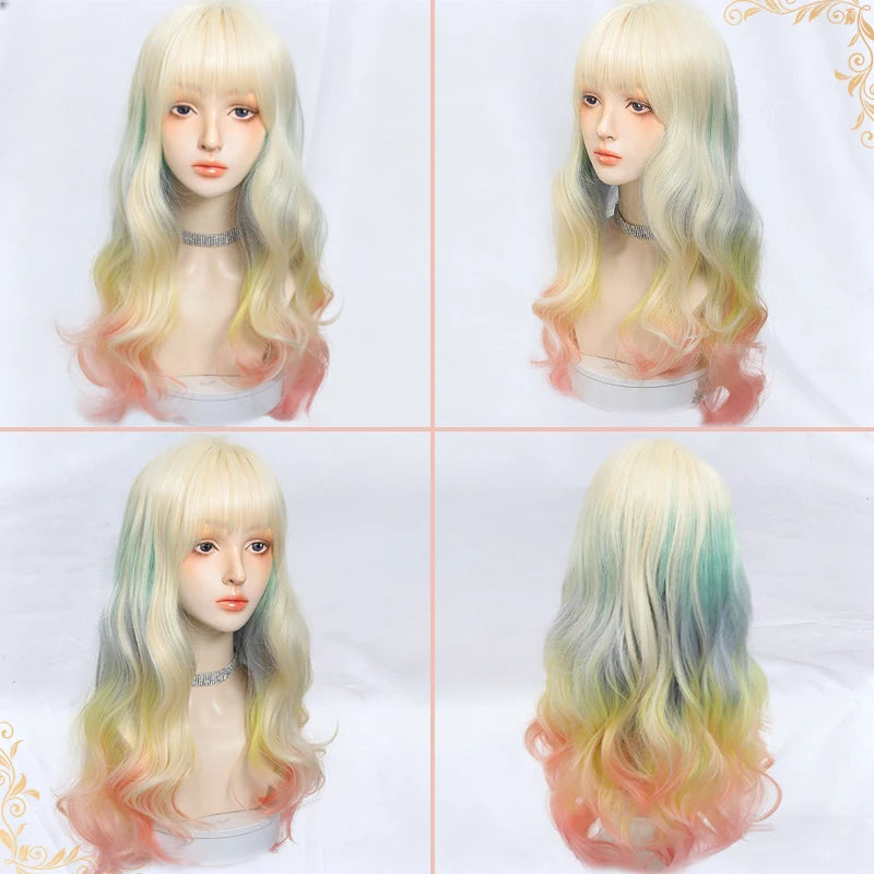 Long pastel wavy wig with styling and product details