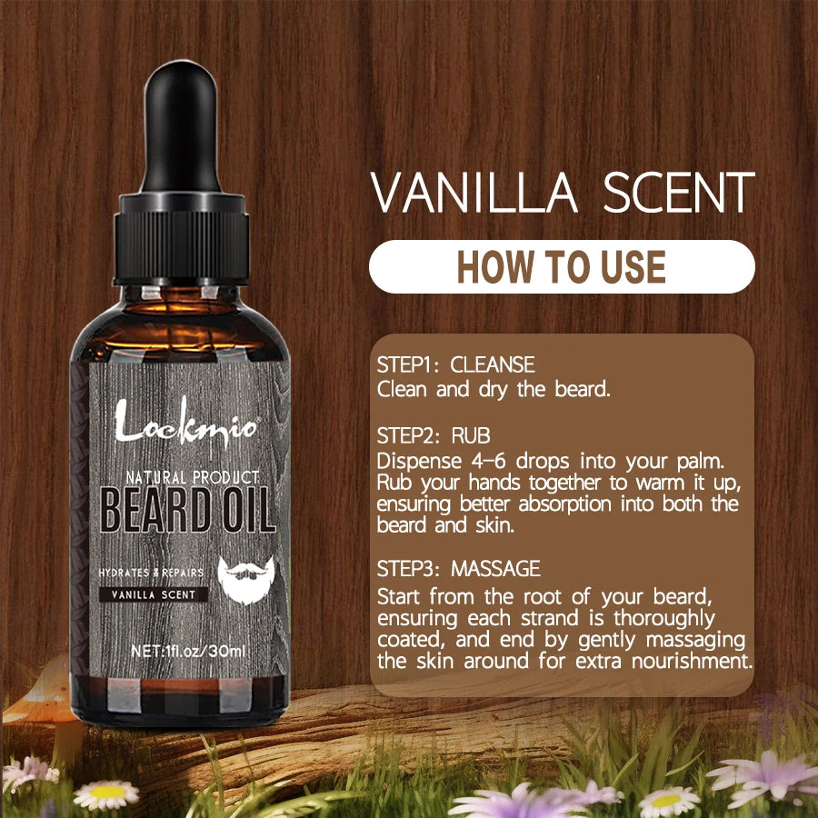 Beard oil with grooming, ingredient and product information