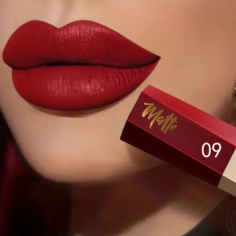 Liquid lipstick shade shown on lips beside its numbered tube