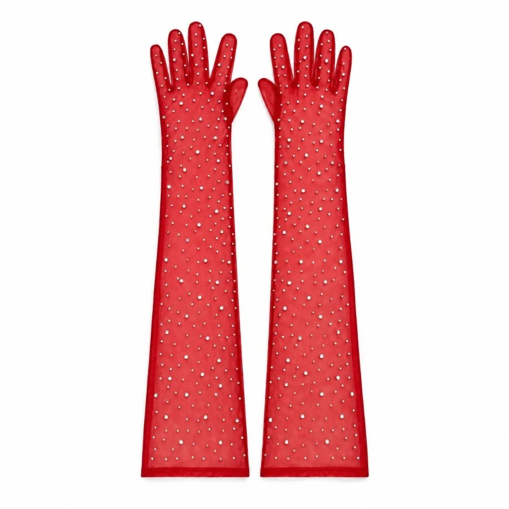Elbow Length Full Finger Rhinestone Statement Gloves
