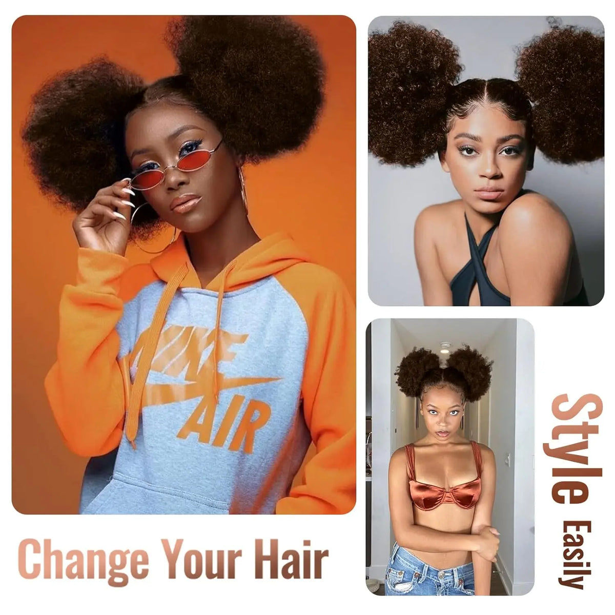 Curly puff hairpiece shown with attachment details or styled on a model