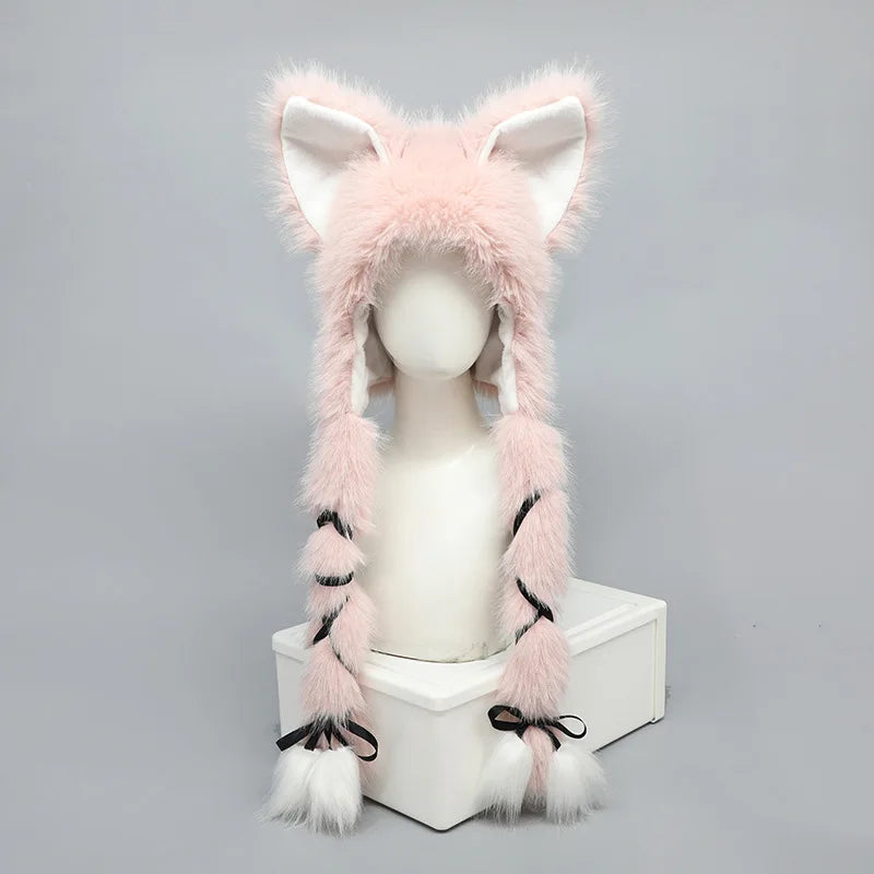 Y2K Cat Ear Plush Hat - Cute Braid Cosplay Cap- 9 Colors