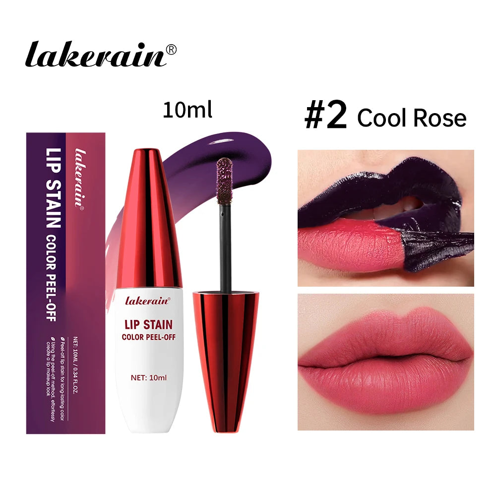 Lip stain shade shown on lips beside its tube and packaging