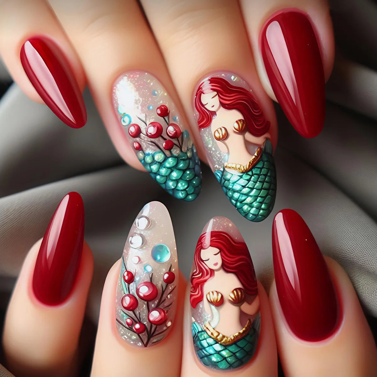 Colorful marine-themed nail artwork shown on hands