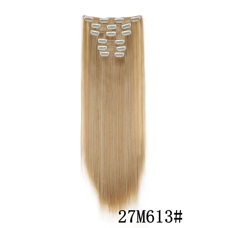 Straight clip-in hair extension with visible attachment clips