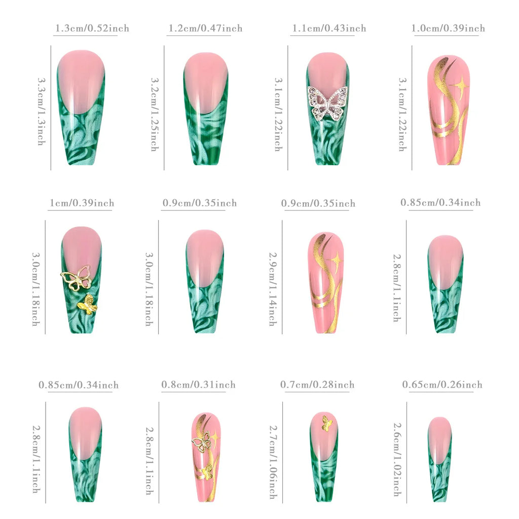 Green decorated press-on nails with set contents and design details