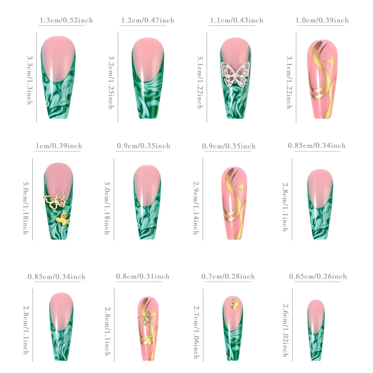 Green decorated press-on nails with set contents and design details