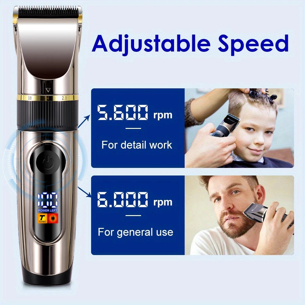 Hair clipper with charging, adjustment and grooming illustrations