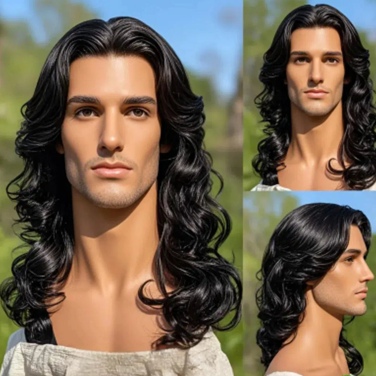 Long wavy dark wig with hairstyle and length details