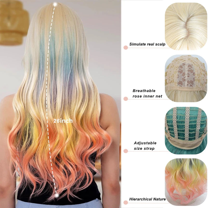 Long pastel wavy wig with styling and product details