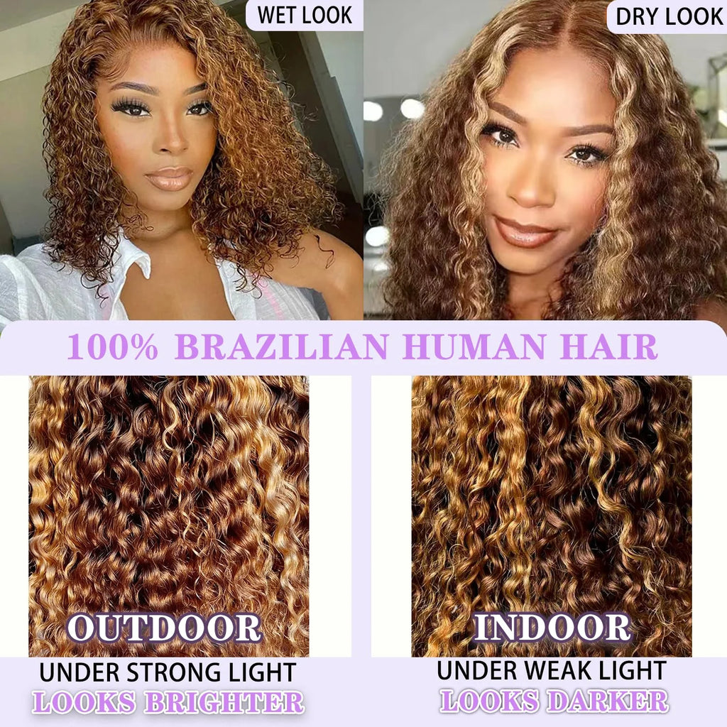 Short highlighted curly bob wig showing its hairstyle and curl texture