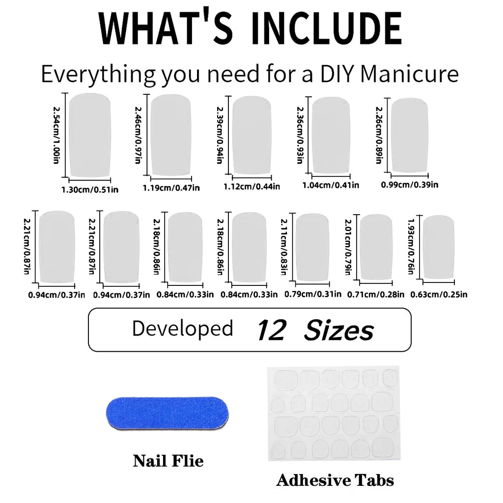 Press-on nail sizes and included manicure accessories