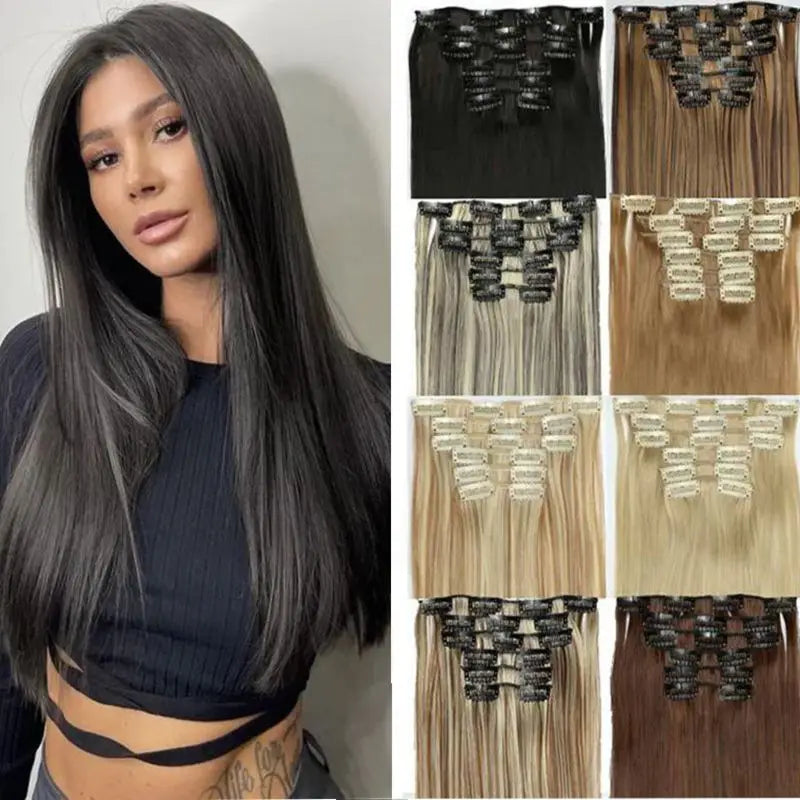 Straight clip-in extensions with hairstyle and attachment examples