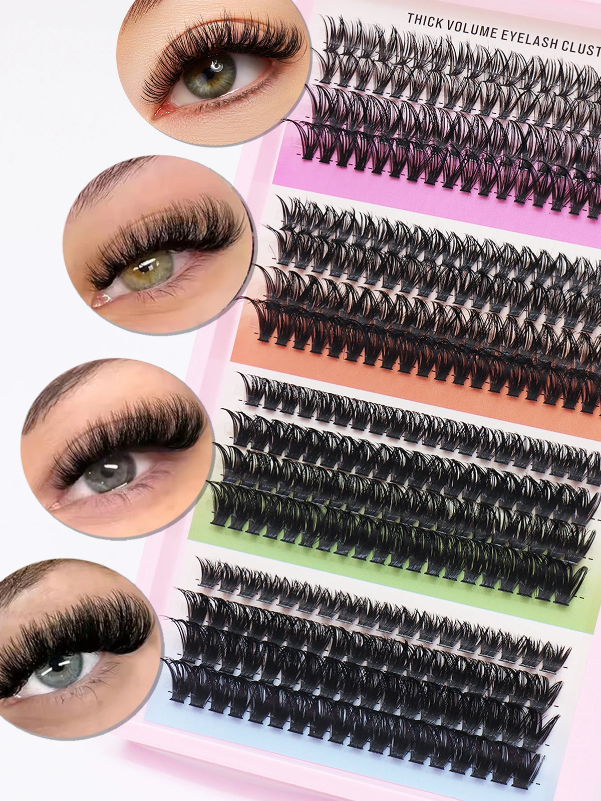 False eyelash clusters arranged in rows in a tray