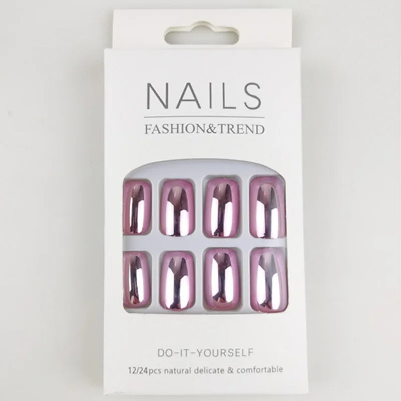 Pink chrome press-on nails in retail packaging