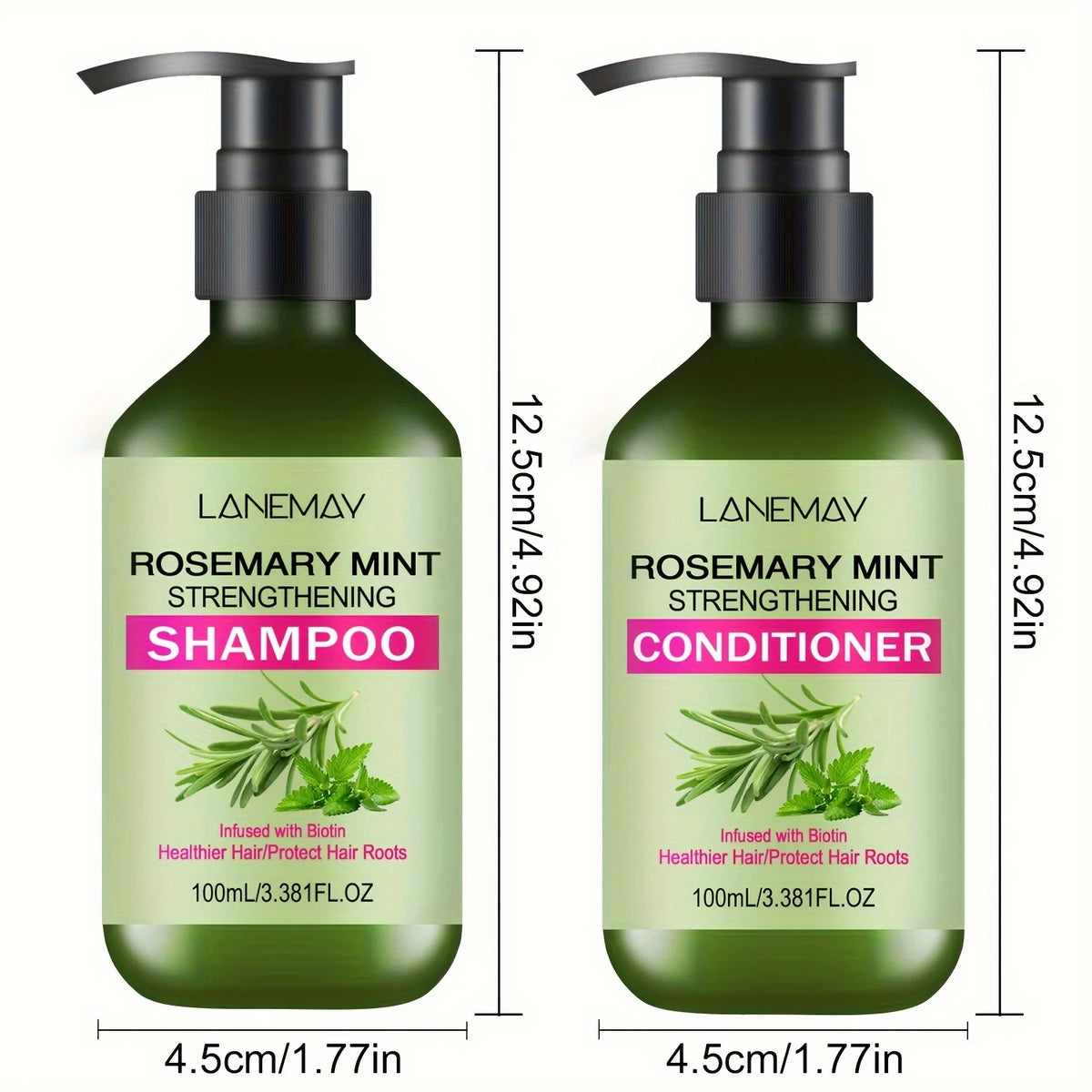 Shampoo and conditioner bottles with dimensions