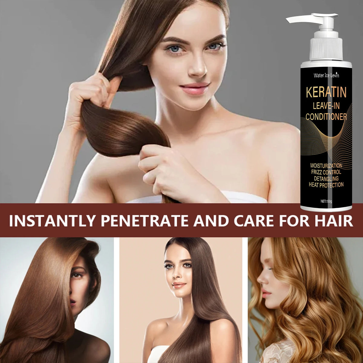 Keratin conditioner with hairstyle and ingredient graphics