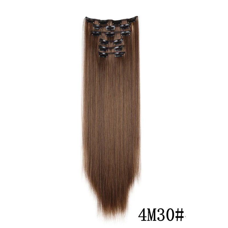 Straight clip-in hair extension with visible attachment clips