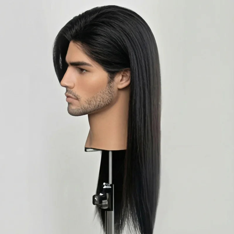 Long straight dark wig shown on a model or mannequin