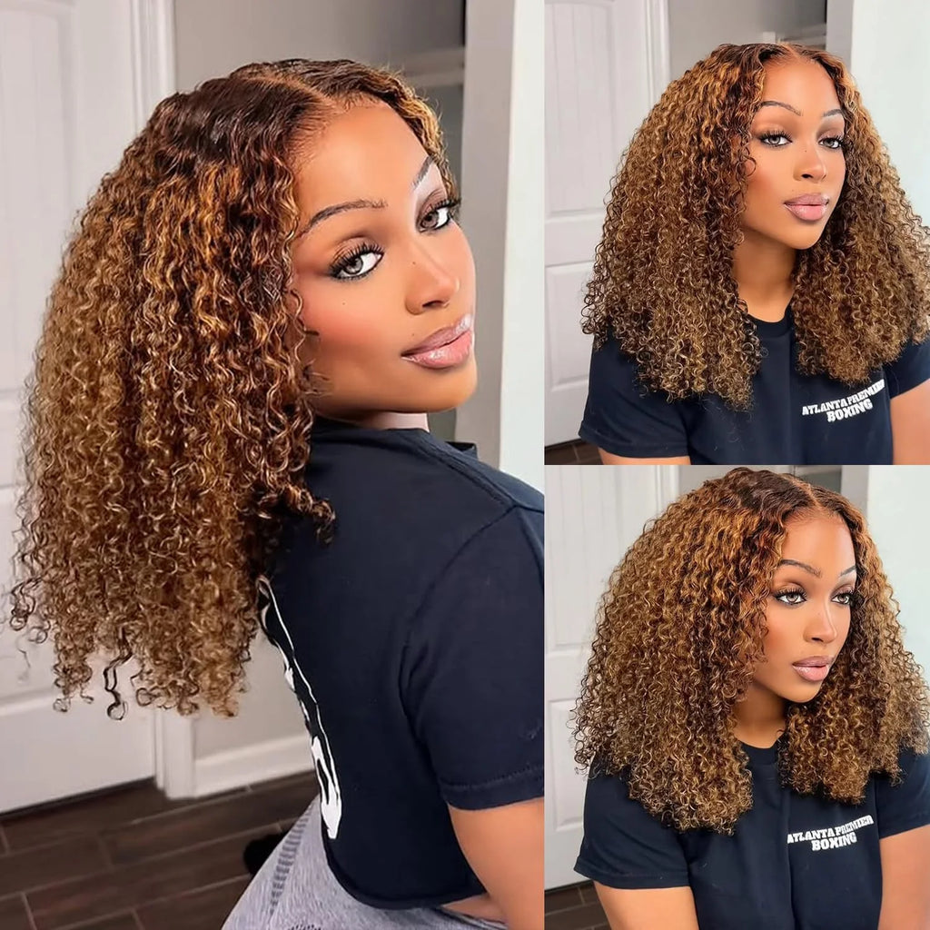 Short highlighted curly bob wig showing its hairstyle and curl texture