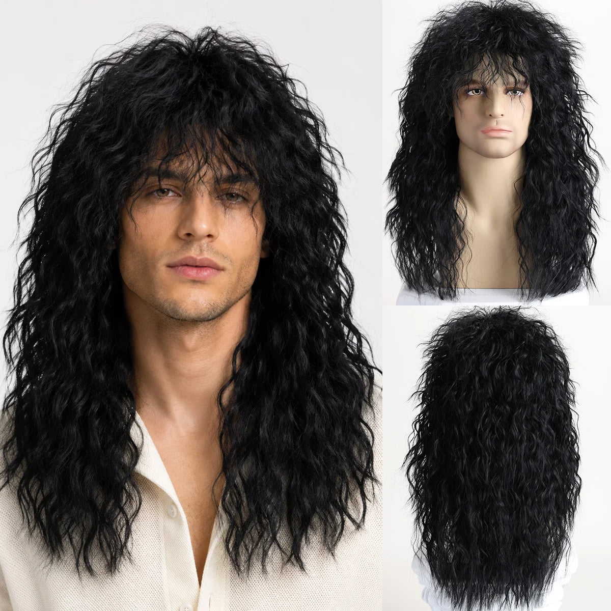 Long dark rocker wig with hairstyle examples