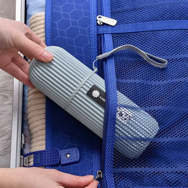 Travel toothbrush case with storage and use examples