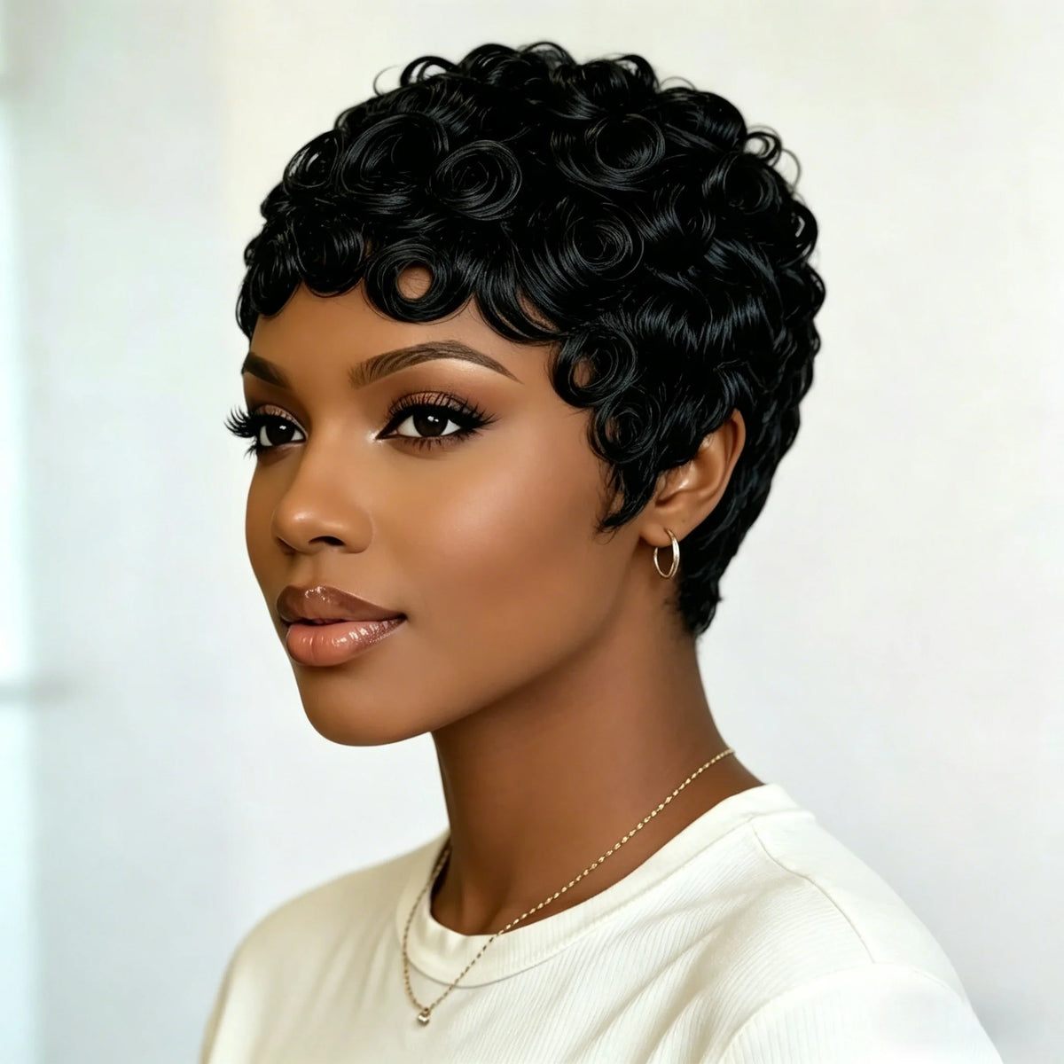 Short curly wig shown from different angles