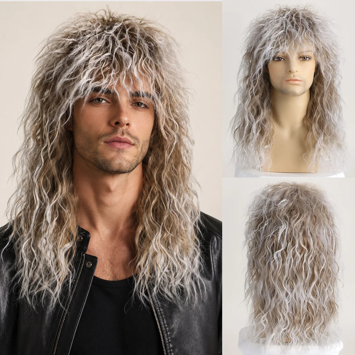 Long gray rocker wig with hairstyle examples