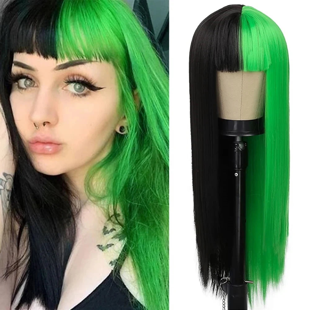 Black and green straight wig shown on a model and mannequin