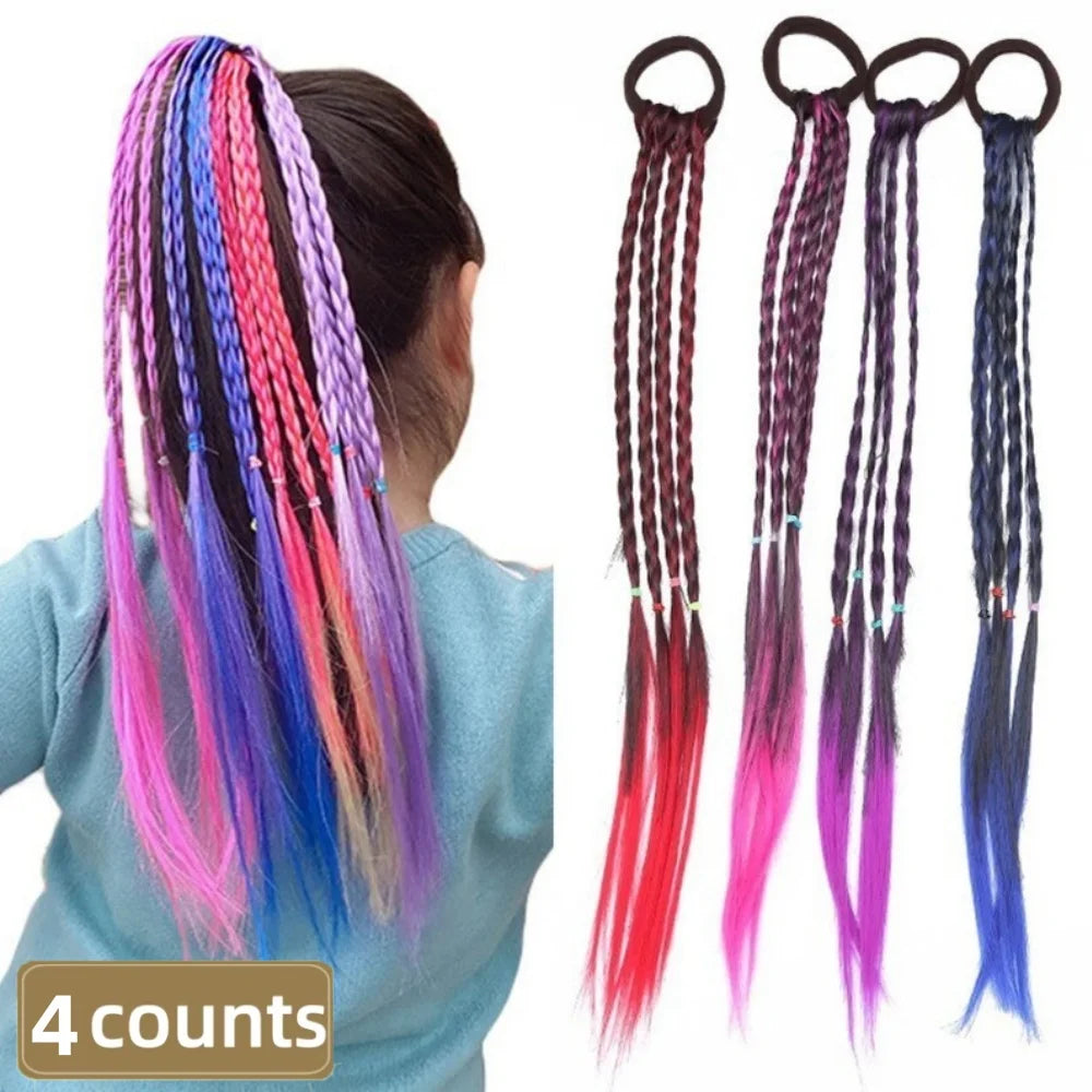 Assorted braided ponytail extensions with hairstyle examples