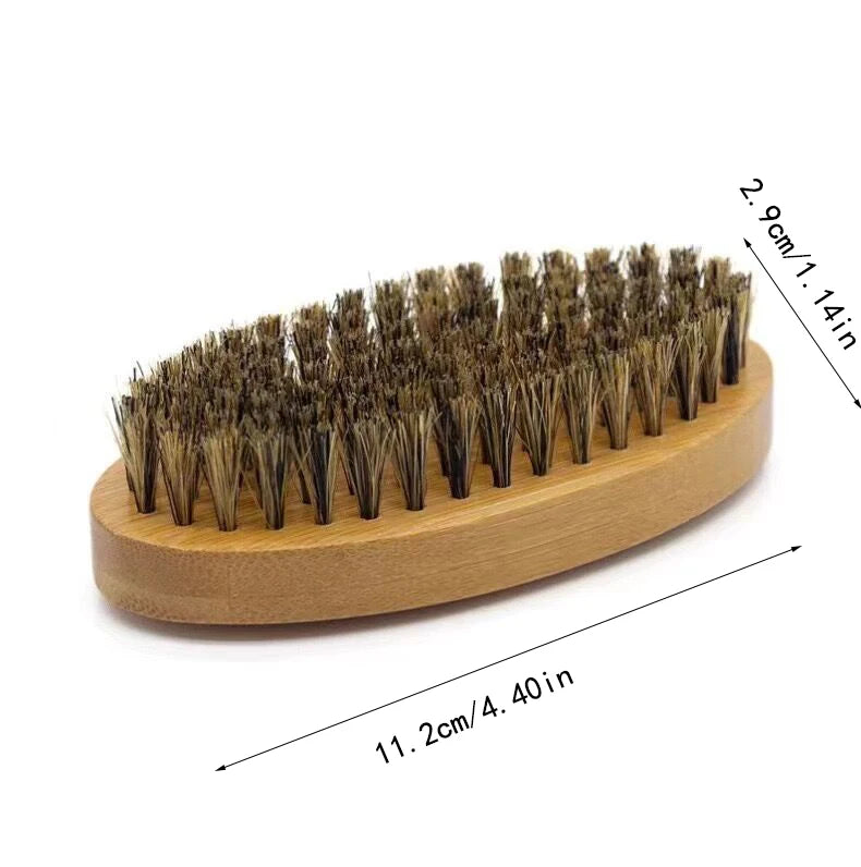Wooden beard brush with bristle and grooming examples