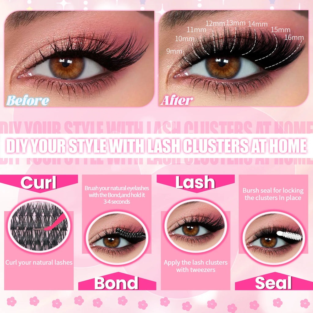 False eyelash trays with application examples and lash style information