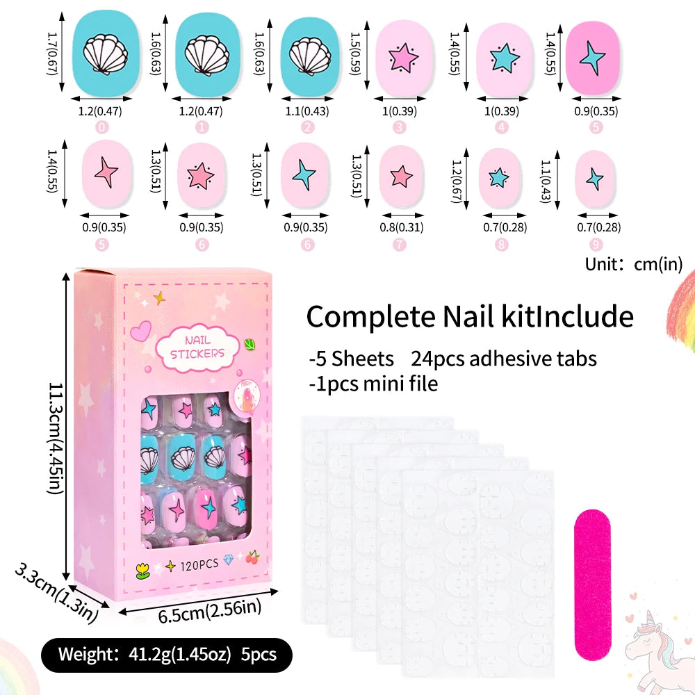 Colorful children's press-on nail sets with assorted decorative designs